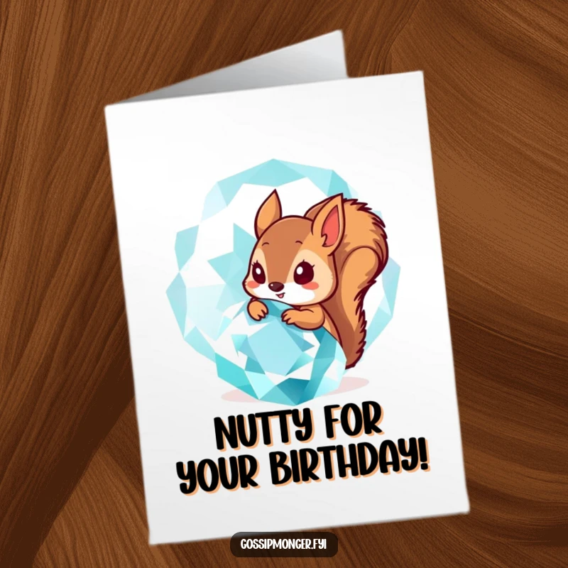 Funny Free Printable Birthday Card: Tiny squirrel peeking from behind a giant, sparkling gemstone, conveying birthday wishes.