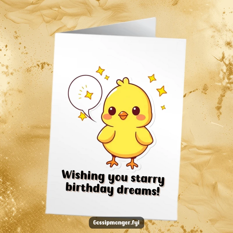Funny Free Printable Birthday Card: Bright yellow chick with a speech bubble full of twinkling stars, a whimsical downloadable greeting.
