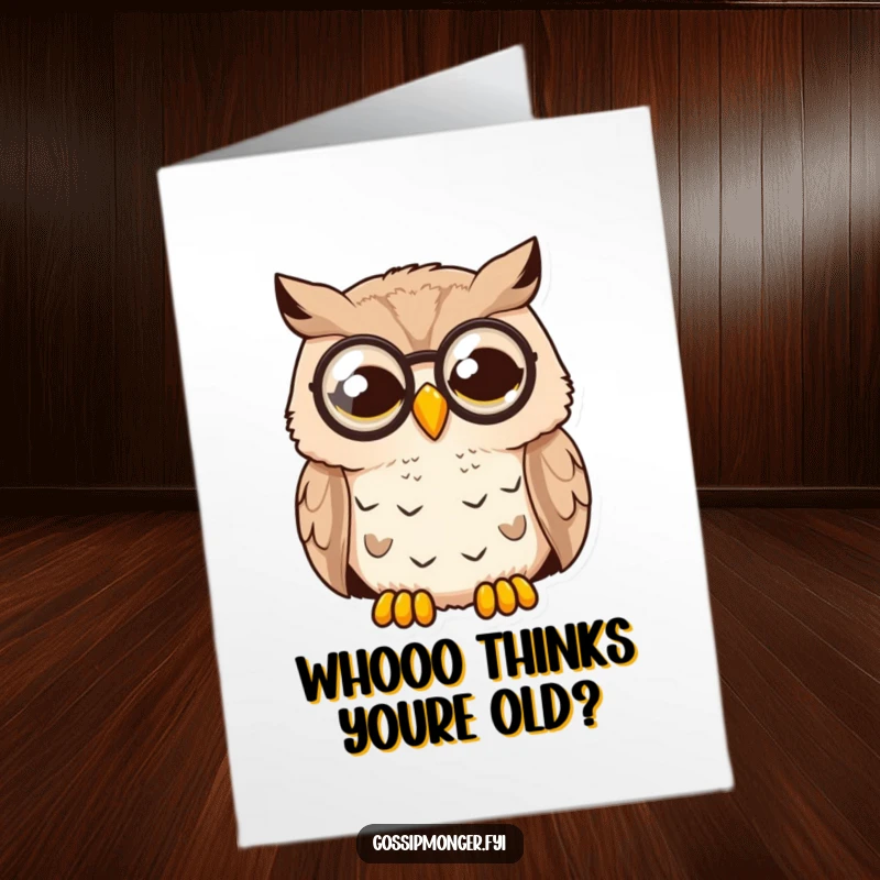 Funny Free Printable Birthday Card: A sleepy owl with a monocle, suddenly wide awake and hilariously surprised.