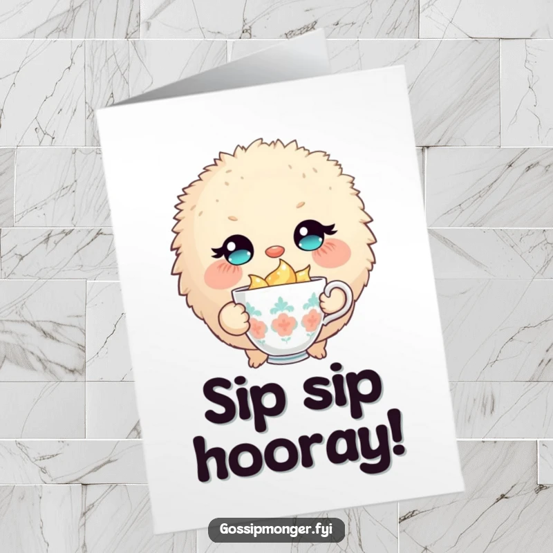 Funny Free Printable Birthday Card: A round, fluffy creature with sparkling eyes winks slyly holding an overflowing teacup.