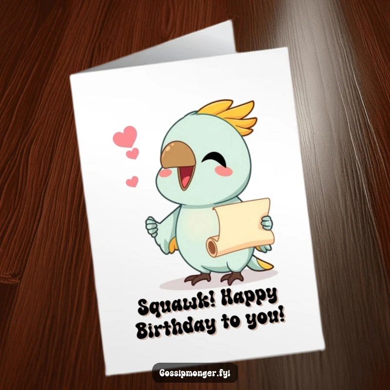 Funny Free Printable Birthday Card featuring a chatty parrot with beak open wide, presenting a tiny scroll of birthday cheers.