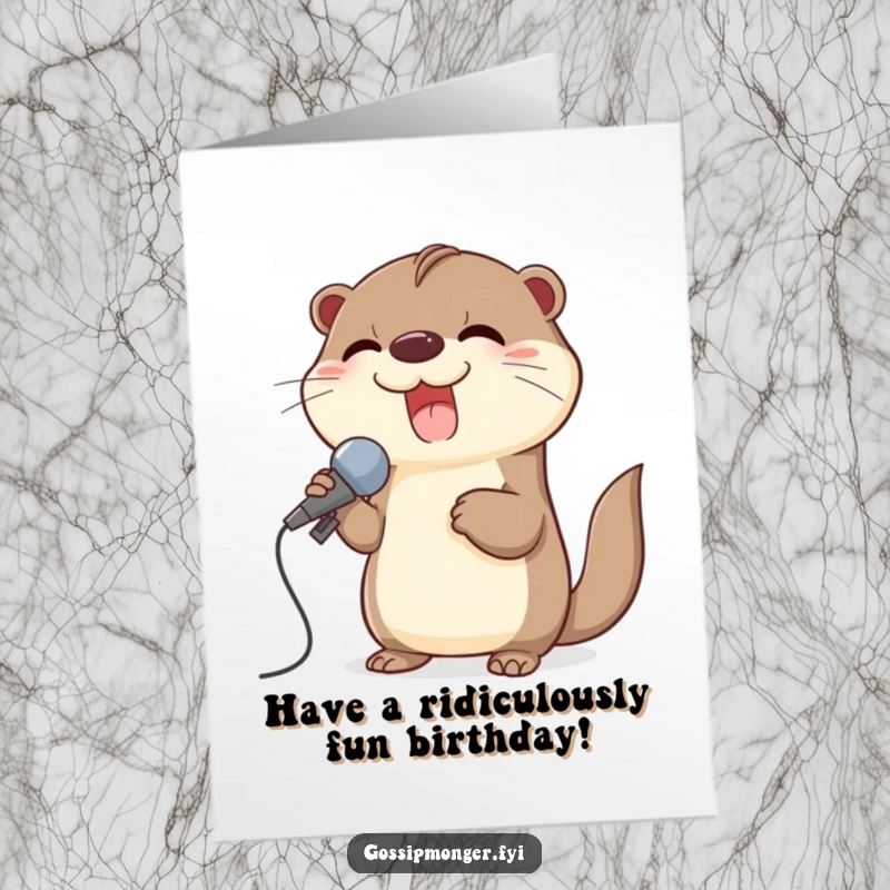 Funny Free Printable Birthday Card shows a giggling otter holding a seashell like a microphone, belting out a happy tune.