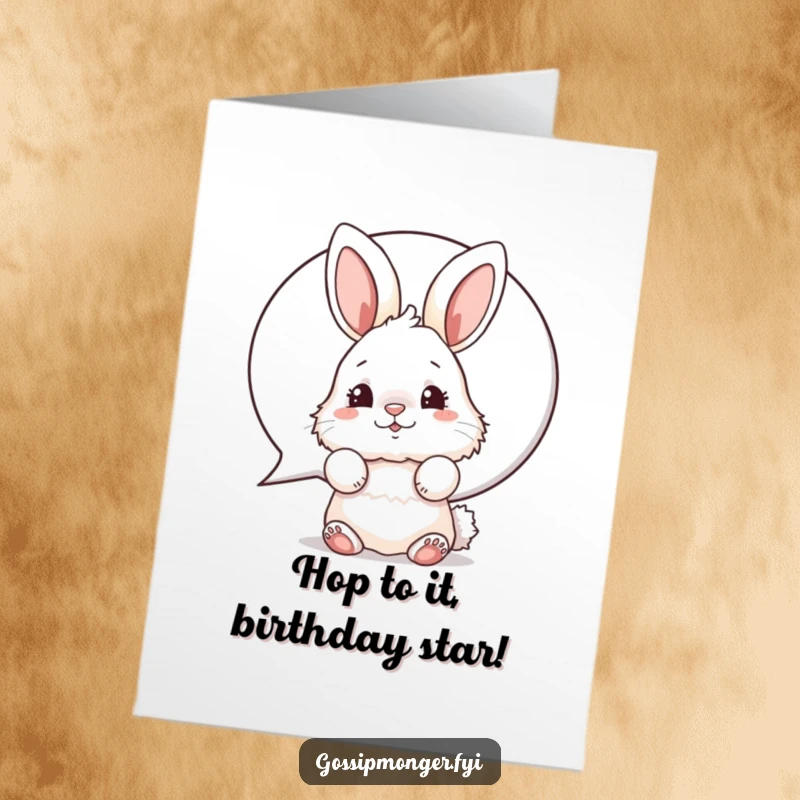 Funny Free Printable Birthday Card featuring a fluffy bunny wiggling its nose from behind a giant speech bubble, ready to deliver a hilarious greeting.