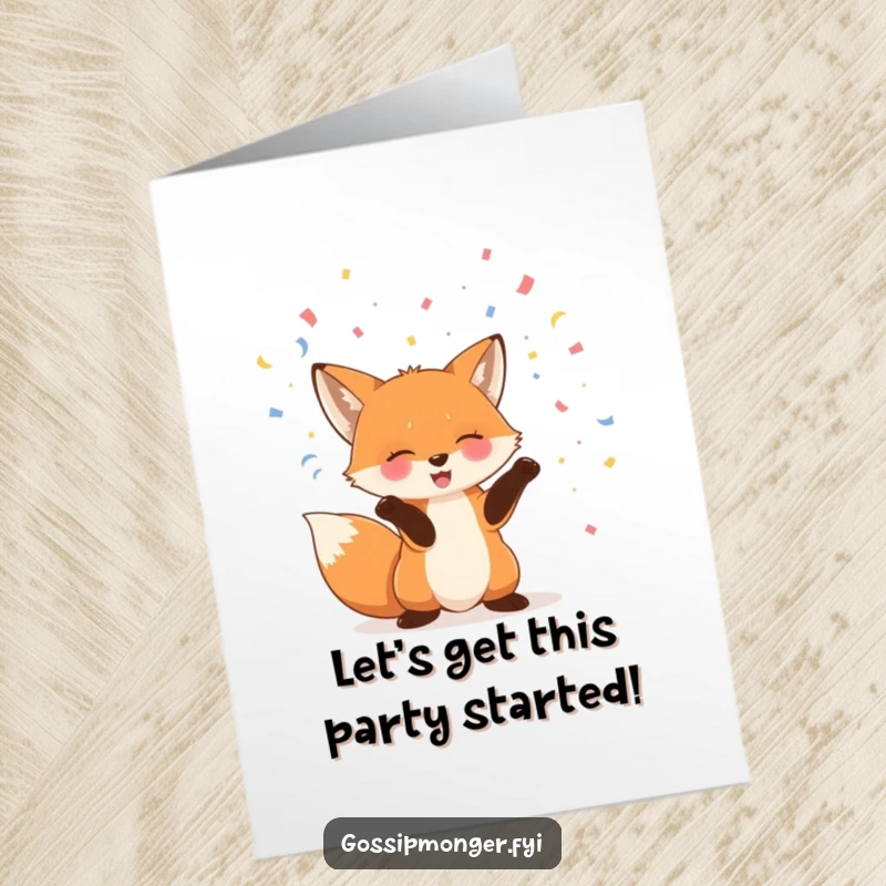 Funny Free Printable Birthday Card showing a giggling fox playfully tossing confetti, celebrating a joyous occasion with downloadable charm.