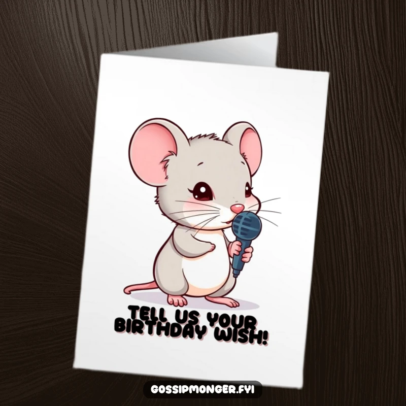 Funny Free Printable Birthday Card: A small mouse holds a tiny microphone, leaning in to reveal a juicy secret.