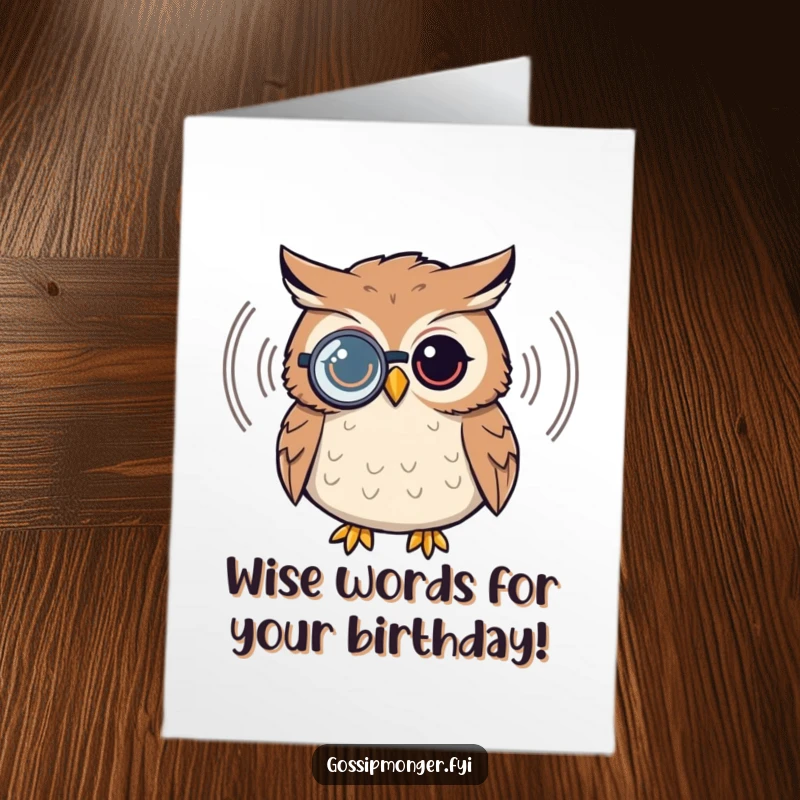 Funny Free Printable Birthday Card: An owl with a monocle attentively listens to a sound wave, embodying wisdom.