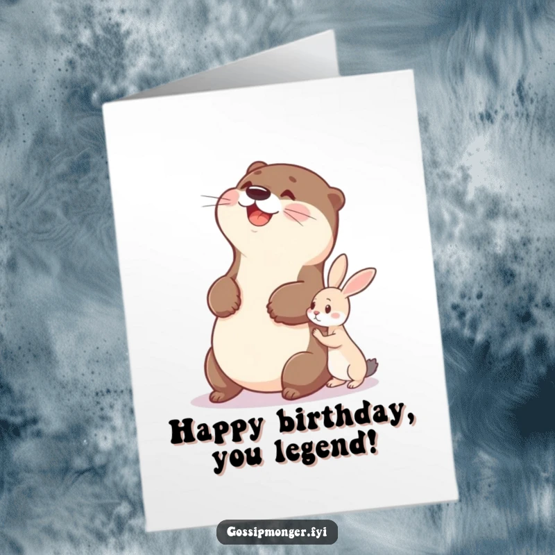 Funny Free Printable Birthday Card: A delighted otter slapping its belly in amusement while witnessing a tiny rabbit whisper a secret.