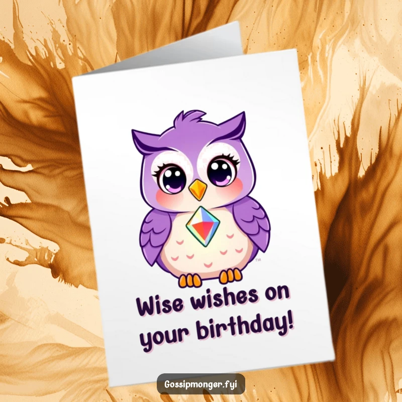 Funny Free Printable Birthday Card: A smiling purple owl with wide eyes shares a shining gem, symbolizing a treasured birthday wish.