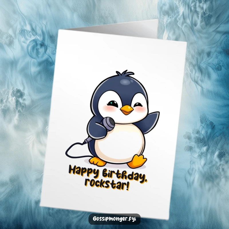 Funny Free Printable Birthday Card: A tiny penguin with a wink holds a miniature microphone, ready to serenade.