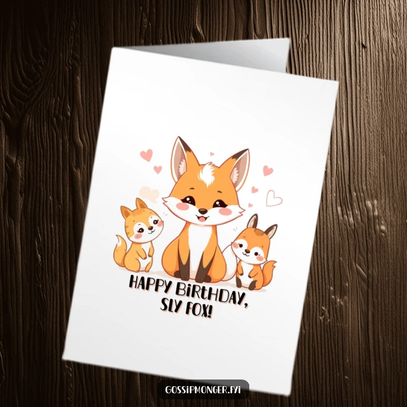 Funny Free Printable Birthday Card: A smiling fox whispers secrets to delighted woodland creatures, sharing party news.