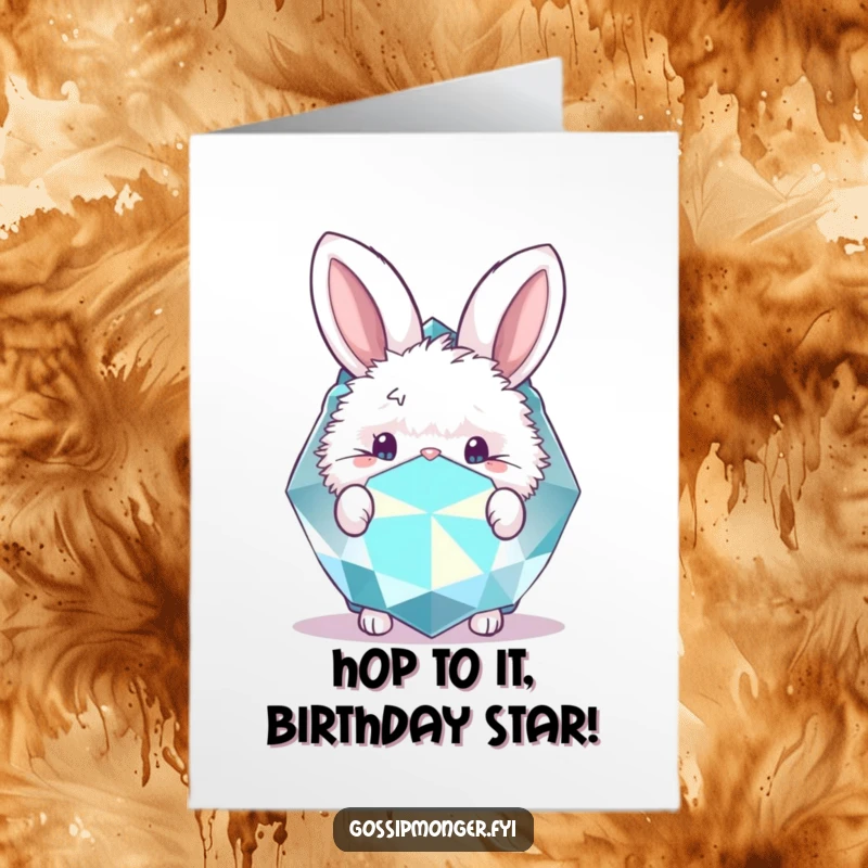 Funny Free Printable Birthday Card: A fluffy bunny peeks curiously from behind a large, sparkling gemstone, radiating joy.