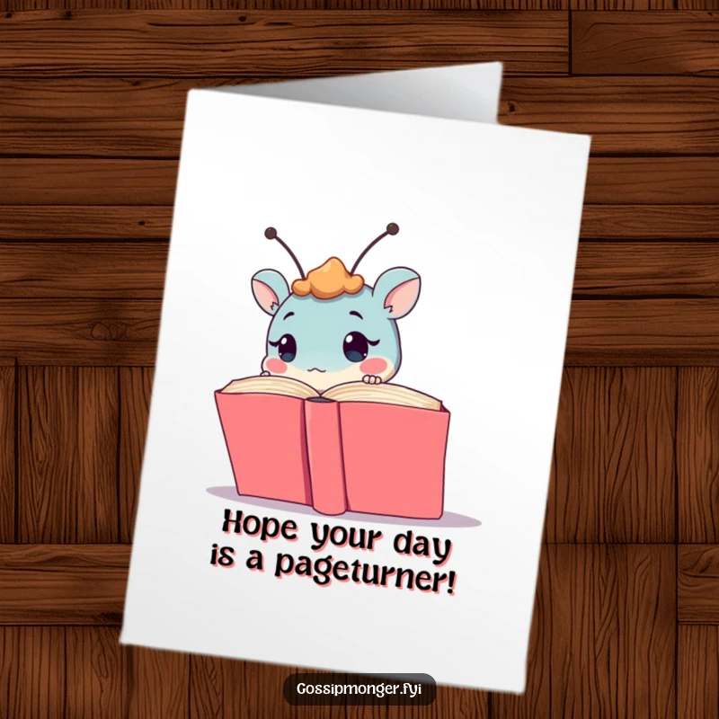 Funny Free Printable Birthday Card: A curious creature with twitching antennae peeks from behind an open book.