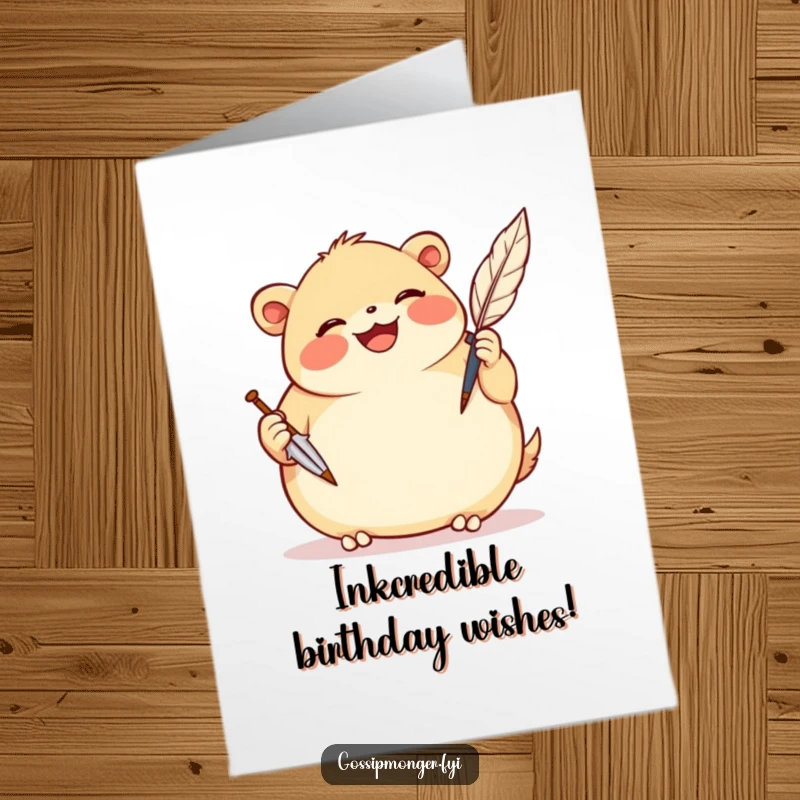 Funny Free Printable Birthday Card: Plump, smiling creature gleefully scribbles notes with a comically oversized quill pen.