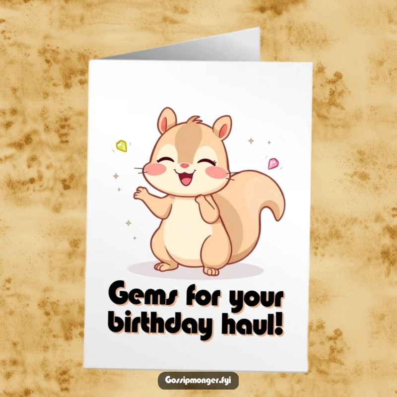 Funny Free Printable Birthday Card showing a delighted kawaii squirrel juggling sparkling gems, perfect for a happy celebration.