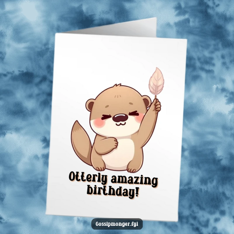 Funny Free Printable Birthday Card: Playful otter with a knowing smile holding a delicate shimmering feather.