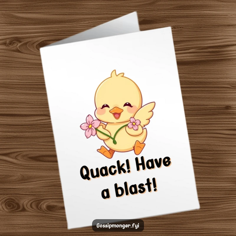 Funny Free Printable Birthday Card: A cheerful duckling in a flower, flapping its wings with pure birthday excitement.