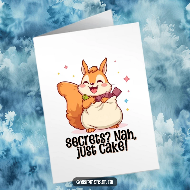 Funny Free Printable Birthday Card: Joyful squirrel stashs imaginary secrets in a full bag, ready for a birthday surprise.
