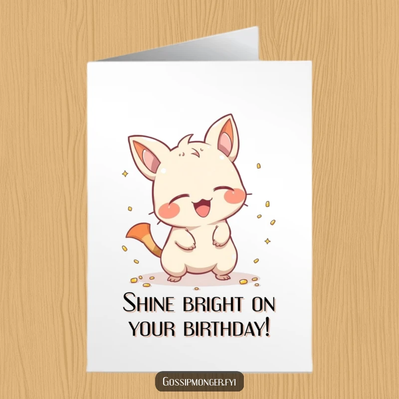 Funny Free Printable Birthday Card: A mischievous creature with a pointy tail giggling while scattering shiny objects.