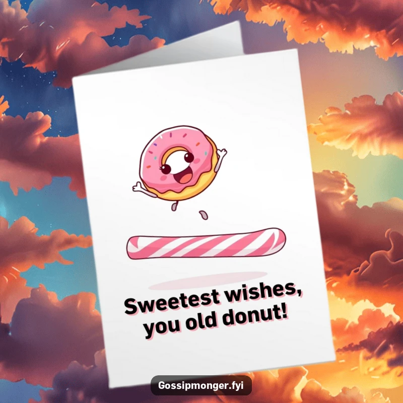 Funny Free Printable Birthday Card: A gleeful donut triumphantly bouncing on a giant candy cane, radiating pure birthday happiness.