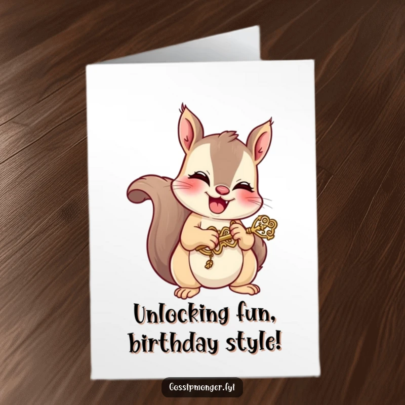 Funny free printable birthday card: a giggling squirrel holds a tiny, ornate key, ready to unlock birthday joy.