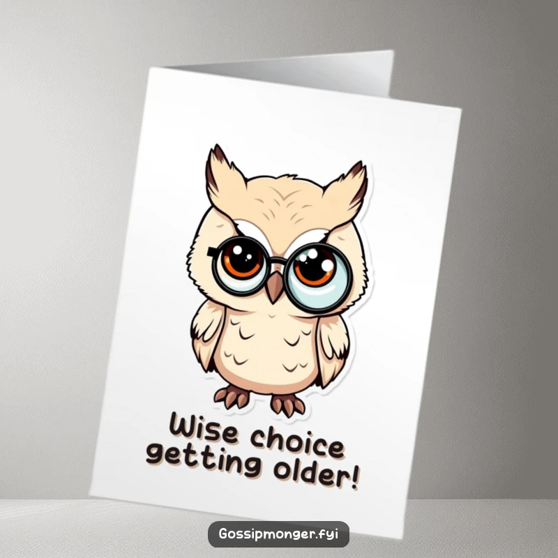 Funny Free Printable Birthday Card: A tiny owl wearing a monocle slyly winks, offering wise and humorous birthday wishes.