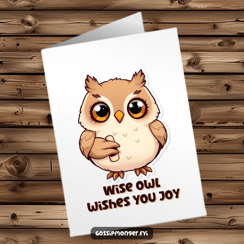 Funny Free Printable Birthday Card: Plump happy owl with curious eyes holding a tiny scroll, conveying a wise message.