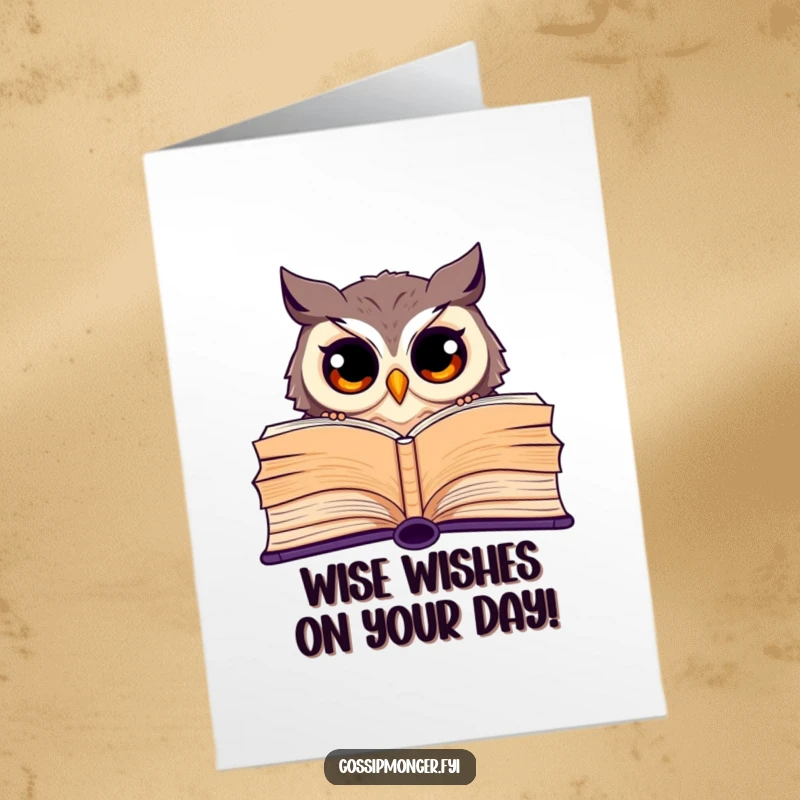 Funny Free Printable Birthday Card showing a curious owl peeking over a giant book, ready to share a birthday wish.