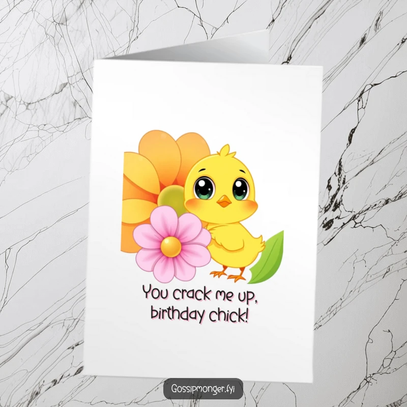 Funny Free Printable Birthday Card: Yellow chick with big eyes whispering secrets into a giant, colorful flower, spreading birthday cheer.
