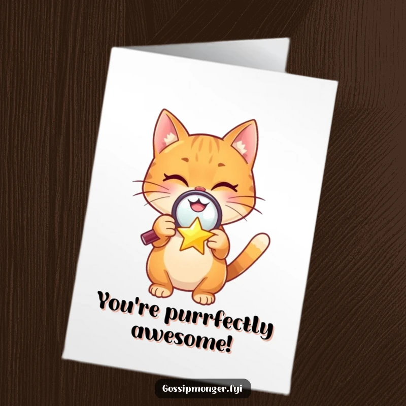 Funny Free Printable Birthday Card: A cheerful orange cat examines a tiny winking star with a magnifying glass, adding a touch of whimsy.