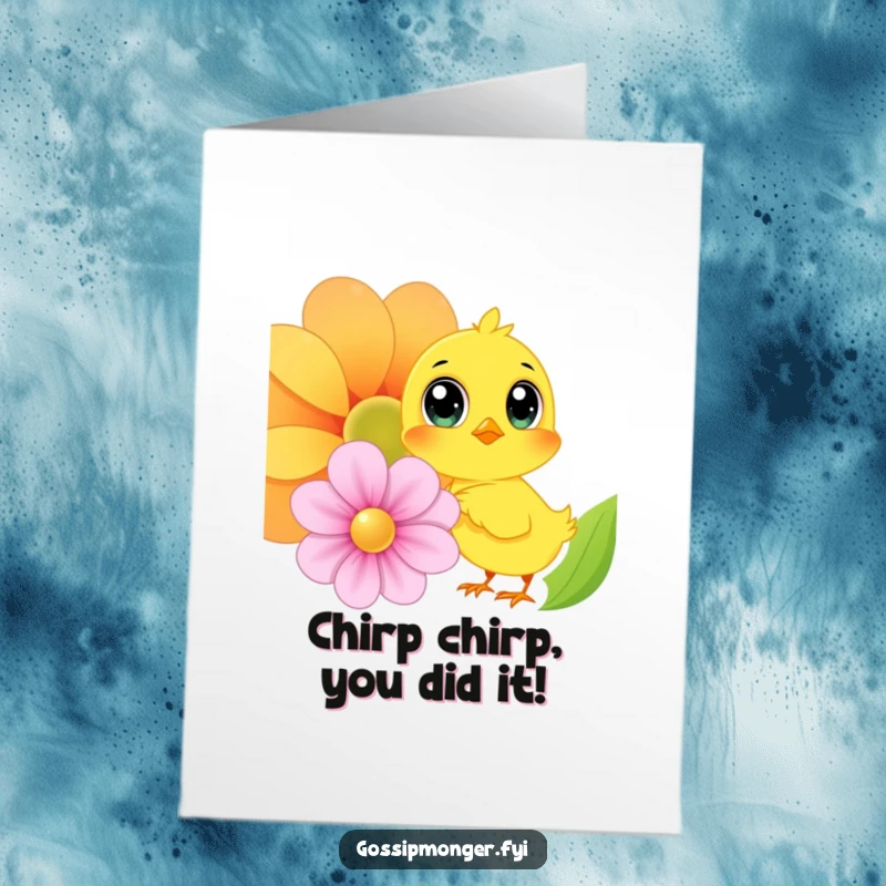 Funny Free Printable Congratulations Card: A yellow chick with huge eyes whispers secrets into a vibrant flower, celebrating success.