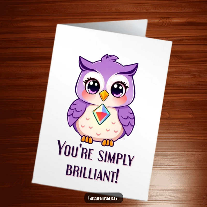 Free Printable Congratulations Card: A smiling purple owl generously offers a shining gem to a friend, celebrating a wonderful accomplishment.
