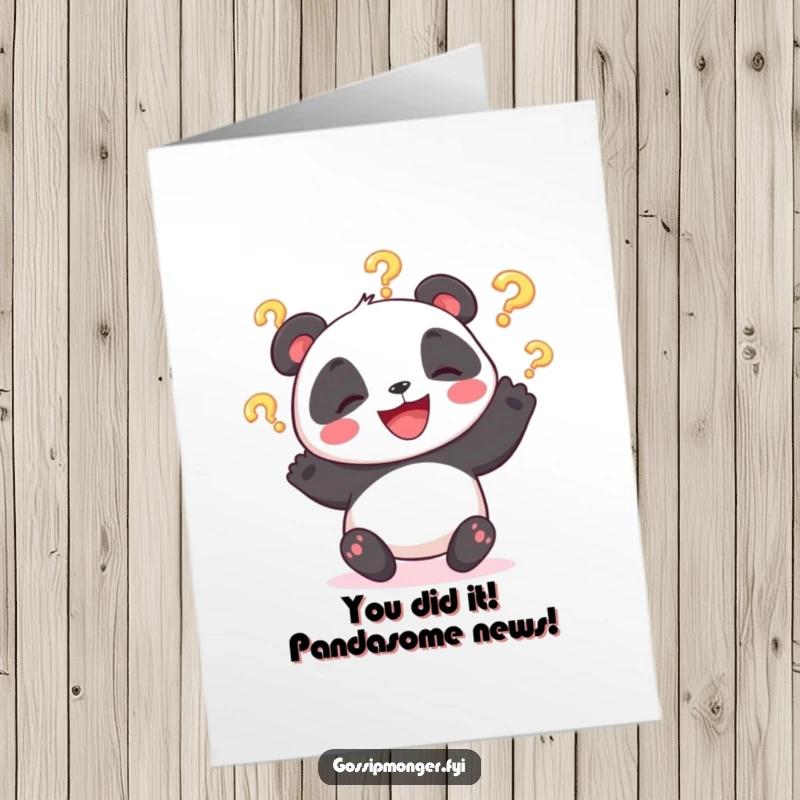 Free Printable Congratulations Card: A giggling panda bear humorously juggles glowing question marks, celebrating a special occasion with a wide smile.