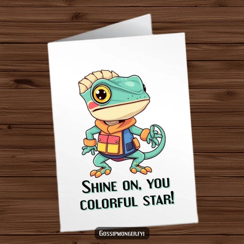 Funny Free Printable Congratulations Card: A chameleon exuding confidence in a unique, brilliantly colored, and fashionable outfit.