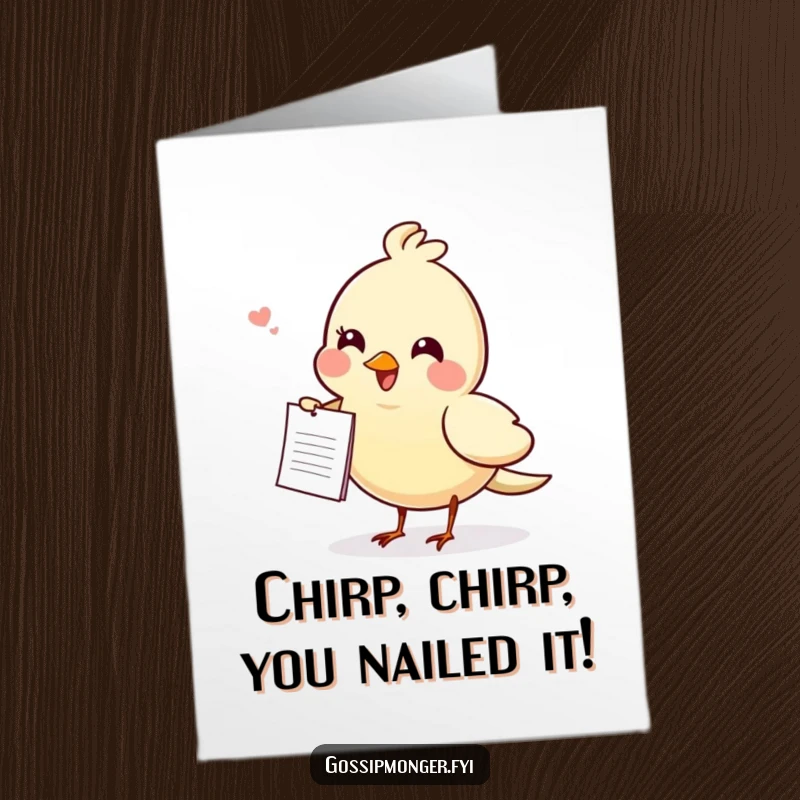 Funny free printable congratulations card with a happy bird carrying a tiny note, suggesting it's delivering exciting gossip.