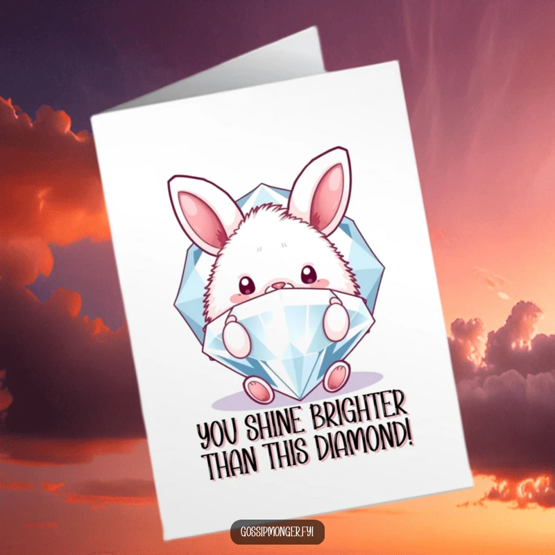 Funny Free Printable Congratulations Card: A fluffy bunny peeking from behind a huge, glittering diamond, celebrating a major success.