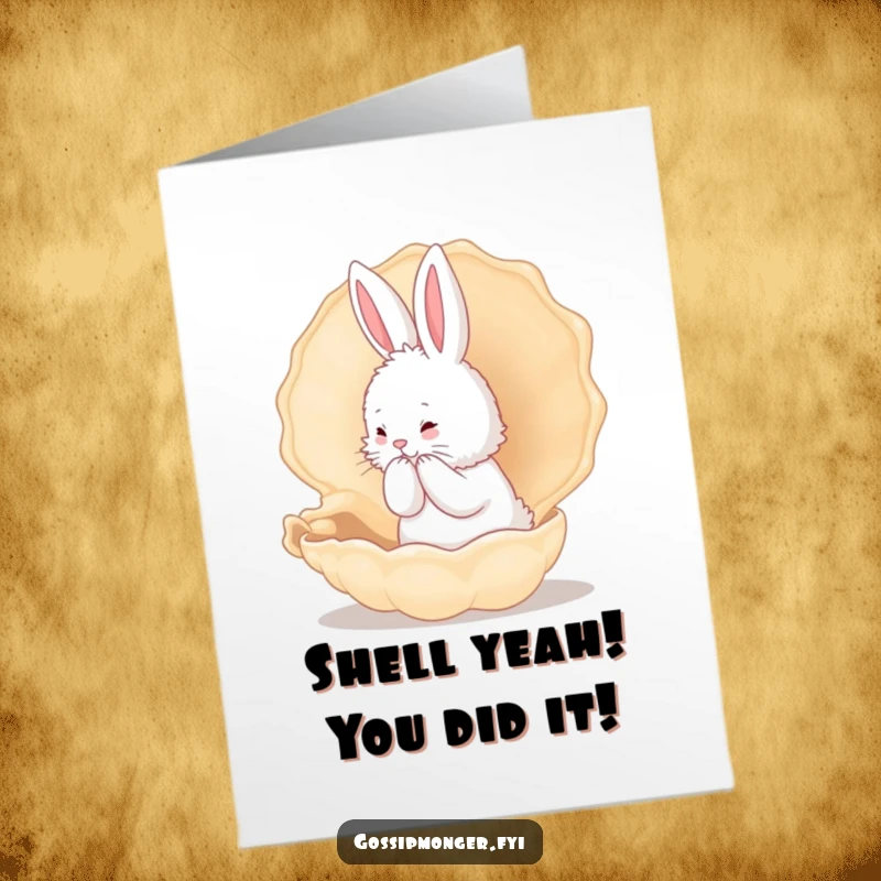 Funny Free Printable Congrats Card: Fluffy bunny whispering exciting news into a conch shell, a delightful downloadable greeting.