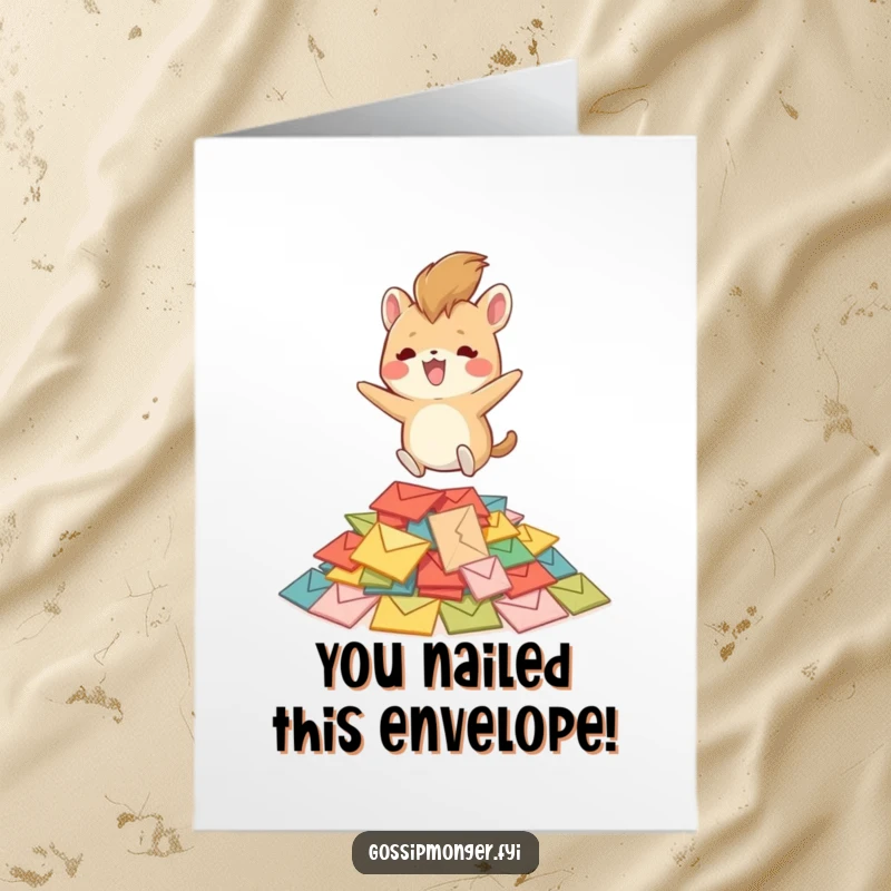 Funny Free Printable Congratulations Card: A creature with a bushy tail happily bounces on a pile of small colorful envelopes.