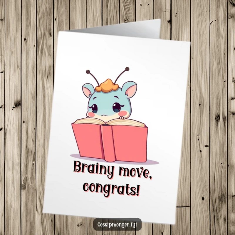 Funny Free Printable Congratulations Card showing a curious creature peeking from behind a large, open book.