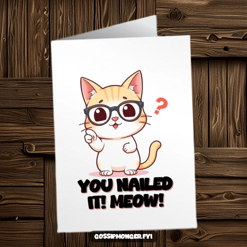 Funny Free Printable Congratulations Card with a cat in glasses precisely pointing out a misplaced comma, celebrating accuracy.