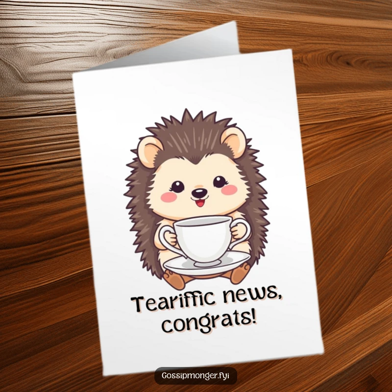 Funny Free Printable Congratulations Card: A smiling hedgehog holds a delicate tea cup, celebrating a wonderful achievement.