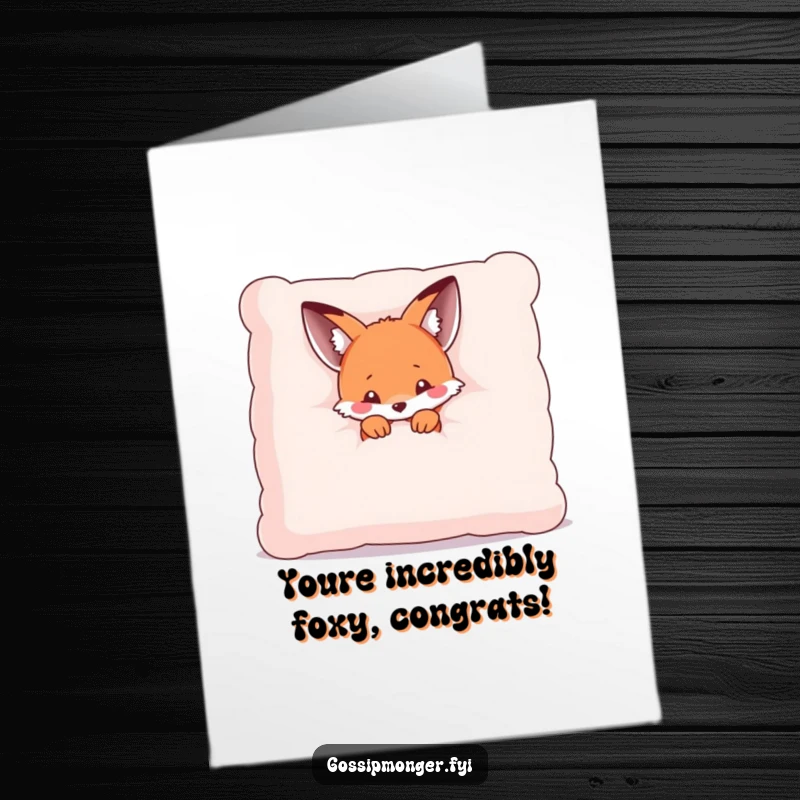 Funny Free Printable Congratulations Card: A tiny kawaii fox peeking out from a giant pillow, celebrating success with wide eyes.