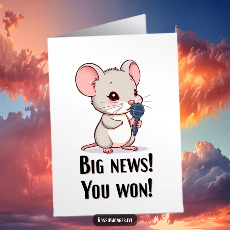 Funny Free Printable Congratulations Card: A small mouse with a tiny microphone leans in, ready to share a significant secret.