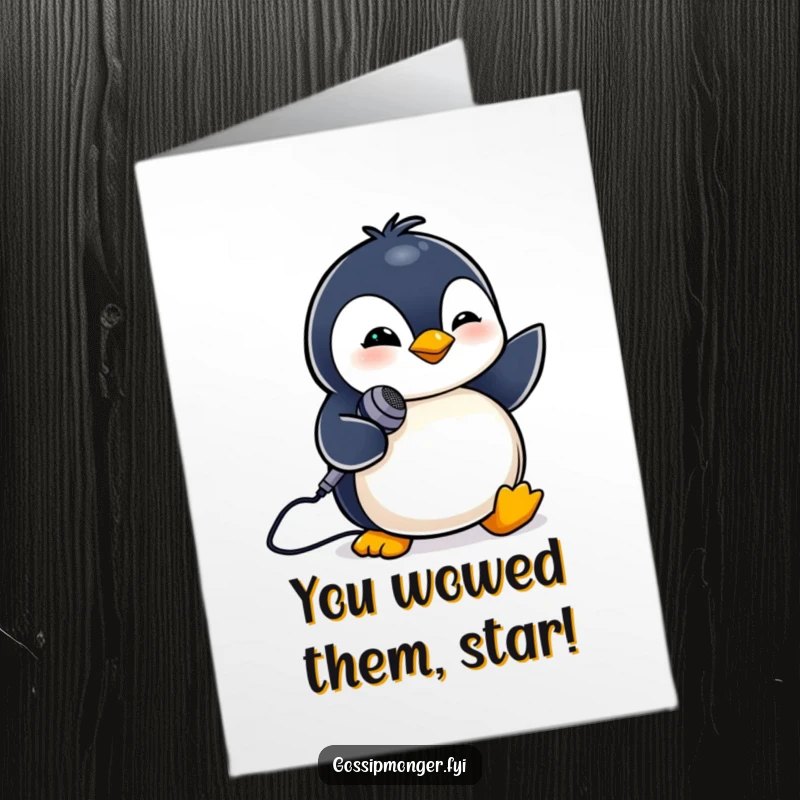 Funny Free Printable Congratulations Card: A tiny penguin winks charmingly while holding a small microphone, acknowledging applause.