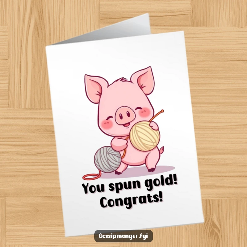 Funny Free Printable Congratulations Card: A rosy-cheeked pink piglet excitedly spins a yarn ball, celebrating a fantastic accomplishment.