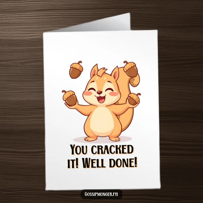 Funny Free Printable Congratulations Card showing a gleeful squirrel triumphantly juggling acorns, celebrating an accomplishment.