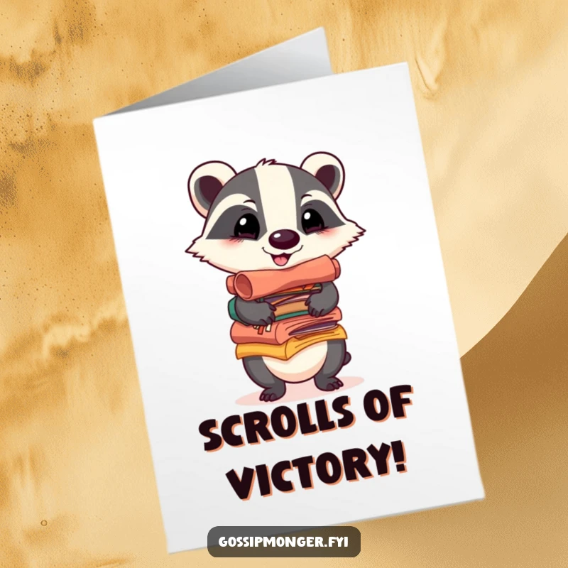 Funny free printable congratulations card: a cheerful badger balances colorful scrolls packed with exciting news.