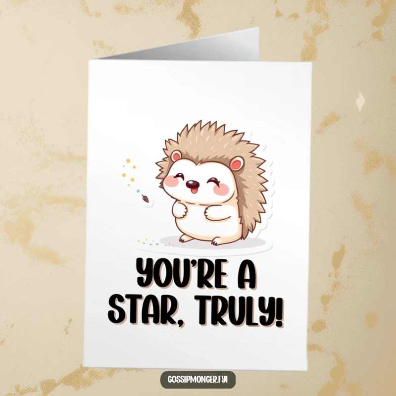 Funny Free Printable Congratulations Card: Hedgehog creating a glitter trail with a quill, celebrating a grand success.