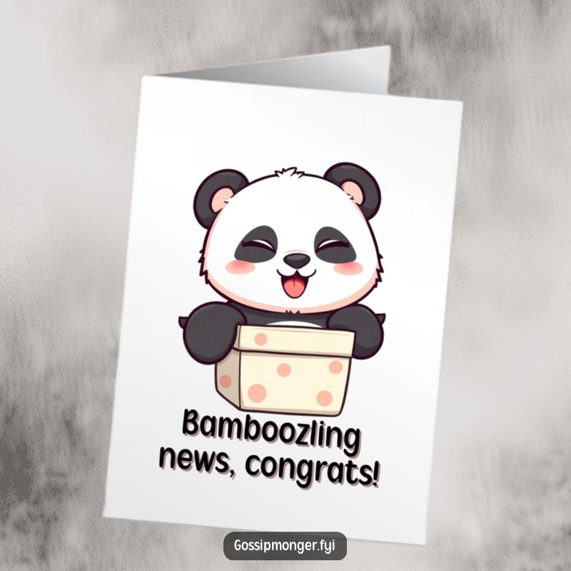Funny Free Printable Congratulations Card: Mischievous panda winks while emerging from a gift box, celebrating success.