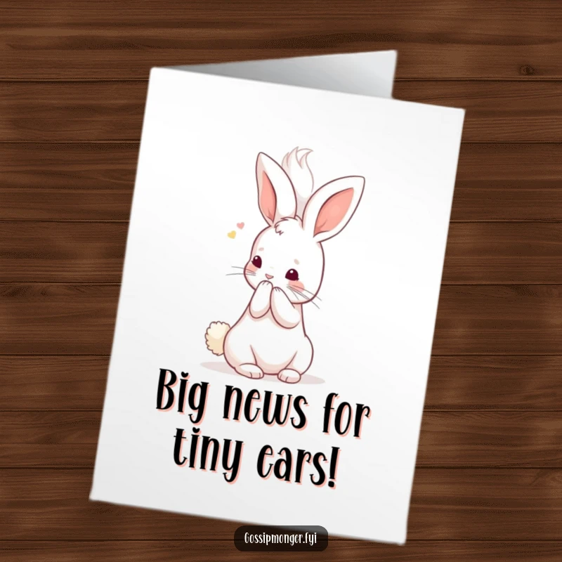 Funny Free Printable Congrats Card showing a small kawaii rabbit whispering secrets into a huge fluffy ear, a unique gift.