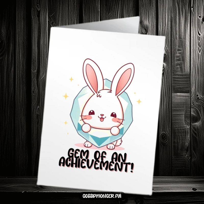 Funny Free Printable Congrats Card: Cheerful bunny peeking from behind a sparkly gemstone, celebrating a special achievement.